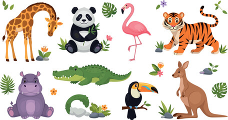 Obraz premium Cute Exotic Wild Animal Collection with Giraffe, Panda, Flamingo, Tiger, Crocodile, Toucan, Kangaroo and Hippo Cartoon Vector Illustration Set