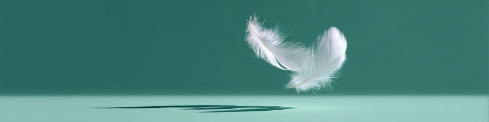 Obraz premium Single white feather falling toward teal surface with dynamic shadow, graceful airborne plume mid-descent capturing motion, softness and contrast in minimalist composition
