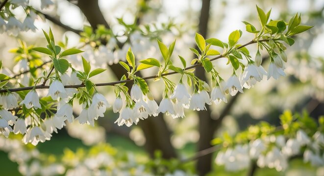 Carolina silverbell tree branches with white flowers in sunlight Concept of Flowers  