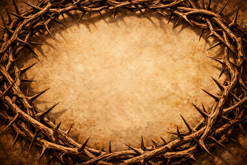 Fototapeta premium Crown of thorns frame over an old parchment paper background for good friday invitations and to honor the crucifixion of jesus christ during the season