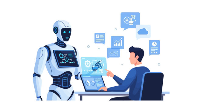Human and AI Robot Collaboration on Data Analytics Flat Vector Illustration EPS10 Stock.eps