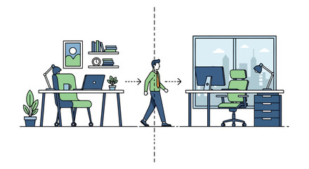 Flat line art illustration showing a man s hybrid work transition EPS10 Stock.eps