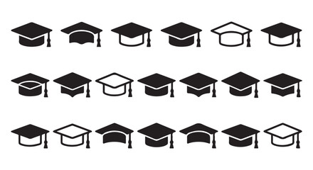 A collection of graduation caps in various styles and colors on a Transparent Background