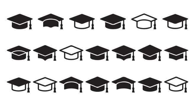 A collection of graduation caps in various styles and colors on a Transparent Background