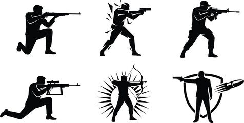 Professional set of shooting silhouettes featuring tactical rifle handgun sniper archery and personal defense icons for military and security applications. © SUMAIYA