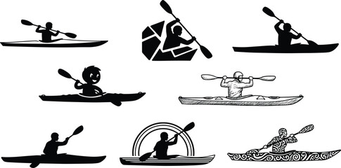 Professional set of kayaking silhouettes featuring oarsmen in kayaks with paddles for outdoor adventure water sports and recreational river activities. © SUMAIYA