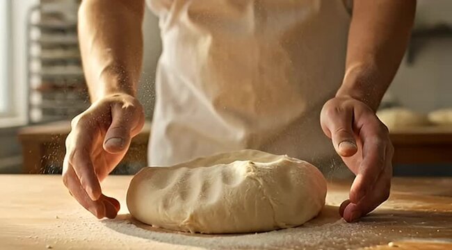 Baker preparing dough on a wooden table, dusting with flour in bakery