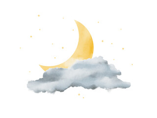 A crescent moon sits above fluffy clouds while small stars twinkle in the night sky, creating a peaceful scene. The colors mix softly, showing a nighttime view. © Lilly