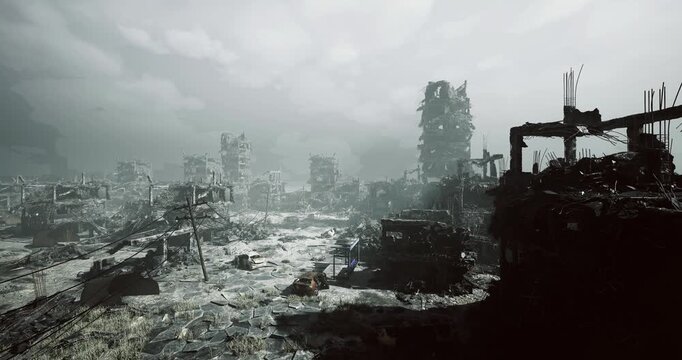 wide ruined boulevard strewn with debris leading to distant shattered towers, waterlogged patches and broken signage mark former urban artery, atmosphere heavy