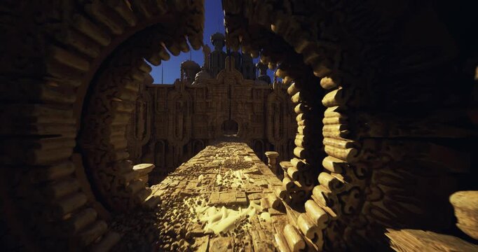 Sunlit stone causeway leading to ancient citadel gate, expedition team imagines heroic procession with looming battlements, wide sky and dramatic long shadows.