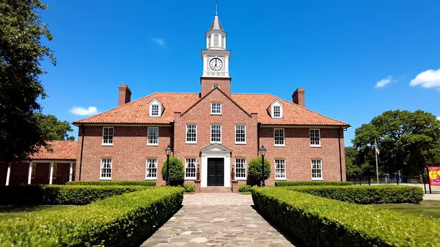 Historic brick building with clock tower and pathway on sunny day