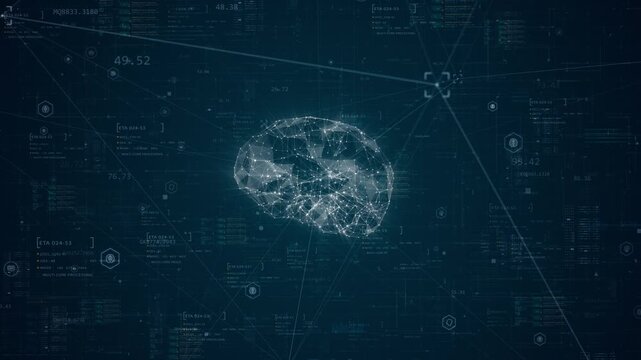 Motion graphic of wireframe brain, neural network and data connections in a futuristic technology scene, designed for innovation branding, science visualization and digital transformation.