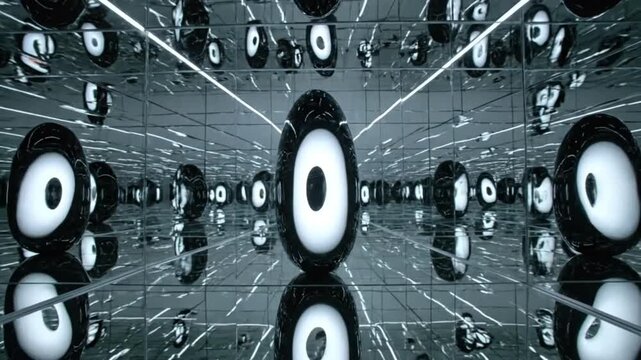 Mesmerizing black and white oval objects with luminous centers are endlessly reflected in a futuristic, mirrored chamber, creating an infinite, abstract visual.