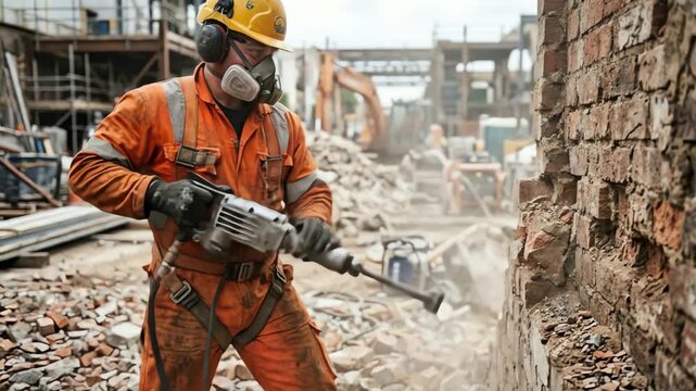 Worker in protective equipment operating a demolition hammer on a brick wall at a dusty construction site.