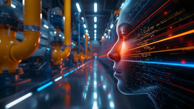 Humanoid robot face in profile with glowing eye beside yellow pipes inside a blue industrial corridor