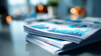 Close up still life of a stack of printed business report documents with vivid blue bar graphs and pie charts visible on the top pages arranged on a clean grey reflective desk