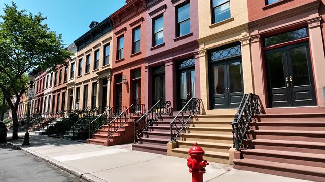 Historic brownstone townhouses line a sunny urban residential street
