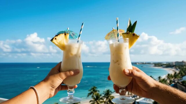 Hands toasting refreshing tropical drinks on a sunny resort balcony, overlooking a vibrant blue ocean beach.