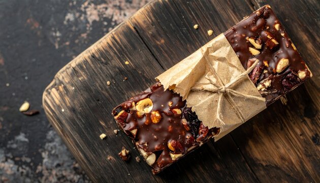 Partially Eaten Chocolate Nut Bar Wrapped in Kraft Paper on Rustic Wooden Surface