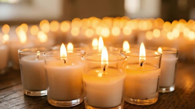 Array of glowing votive candles in glass holders creating a warm, contemplative light across an indoor wooden surface.