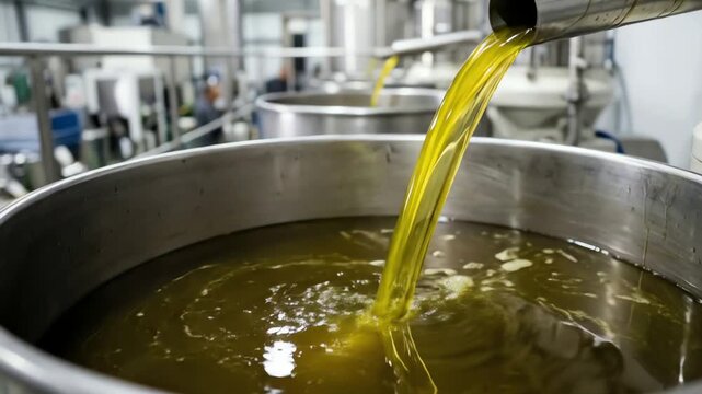 Golden liquid stream pouring into large stainless steel vat in a processing facility, indicating production.