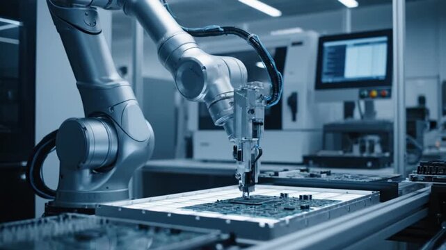 Advanced robotic arm precisely assembling intricate electronic circuit boards in a modern automated manufacturing facility setting
