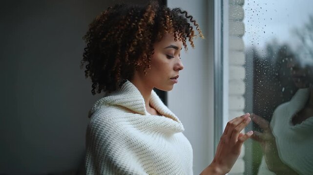 Woman watching rain through window in a room during a cloudy day