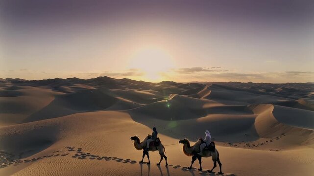 Riders on camels travel across sand dunes at sunset in a desert landscape