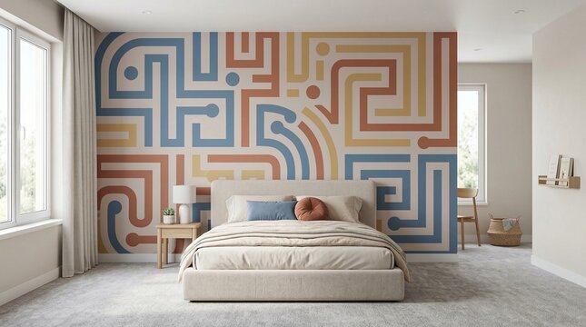 Modern bedroom interior with large wall decorated with colorful geometric pattern. FunHaus. Contemporary home decoration with abstract maze mural. Minimalist design for residential house renovation.