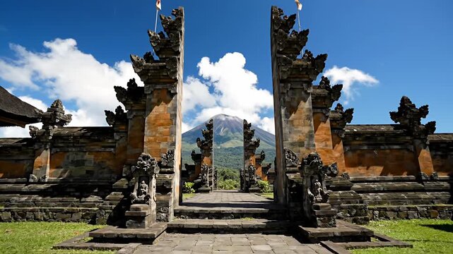 Majestic Balinese temple gate framing Mount Agung volcano