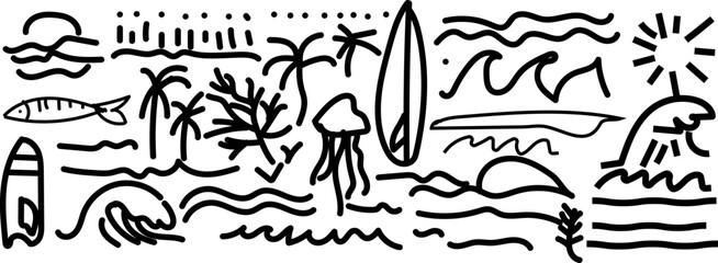A collection of hand drawn beach and summer themed doodle icons in a simple black line art style © Rungprue