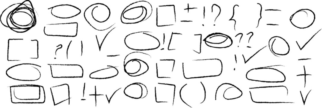 A collection of hand drawn doodle shapes symbols and marks isolated on a white background design