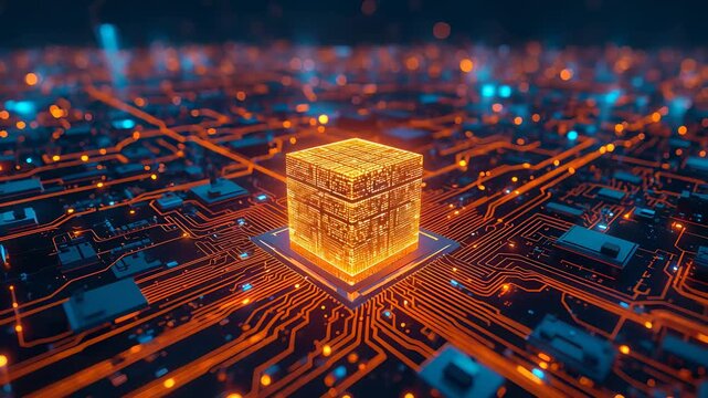 Glowing golden cube positioned above an electronic circuit board filled with illuminated orange pathways
