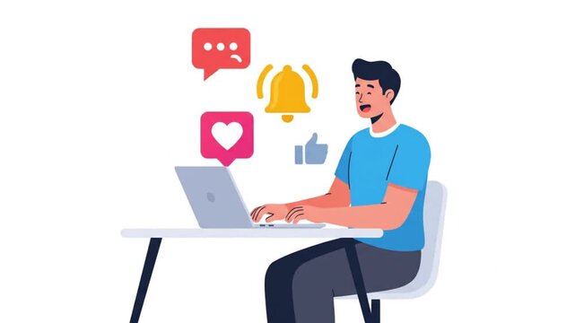 Man actively engaging with social media on laptop, receiving various notifications like likes, comments, and alerts, highlighting digital communication and online interaction experience