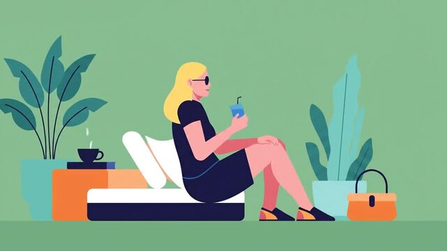 Woman Relaxing on a Couch with a Drink in a Modern Setting.