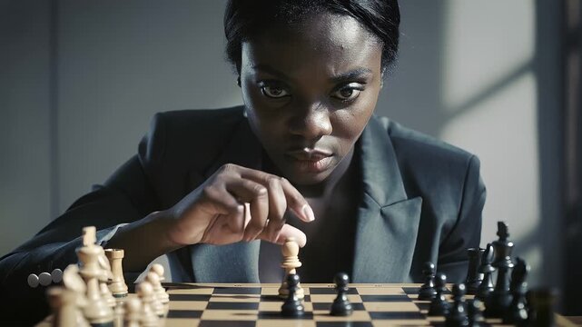 Chess game in a bright room with a focused player making a strategic move on the board