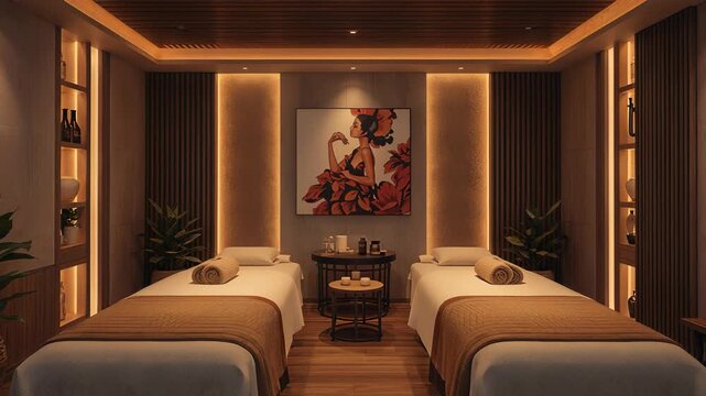 Two white massage beds arranged symmetrically inside a warmly illuminated spa treatment room