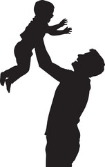 A man joyfully lifting a child into the air during playtime