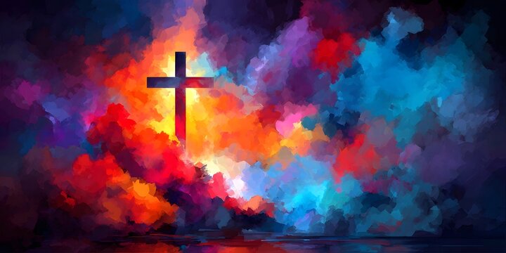 Vibrant abstract Christian cross art with dramatic colorful painterly clouds in intense red orange yellow blue and purple hues creating a spiritual hopeful and reflective scene with water below
