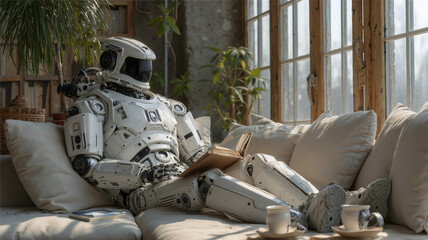 Futuristic humanoid robot relaxing and reading in a cozy indoor setting