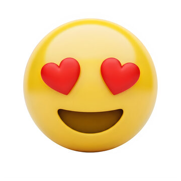 Yellow smiley face emoji featuring two bright red heart shaped eyes and a wide happy toothless smile isolated on transparent background