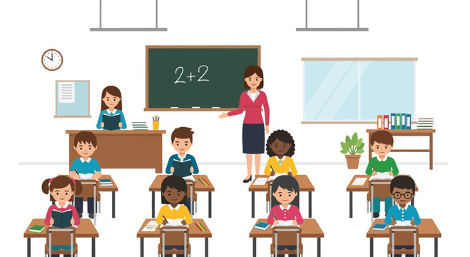 Diverse students learning in a bright classroom with a teacher explaining math