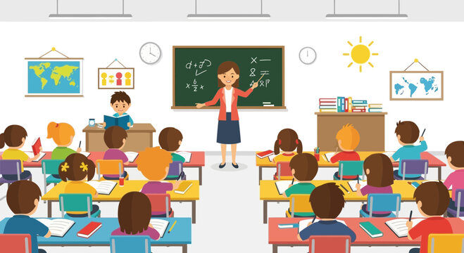 Diverse students learning in a bright, modern classroom with teacher at blackboard