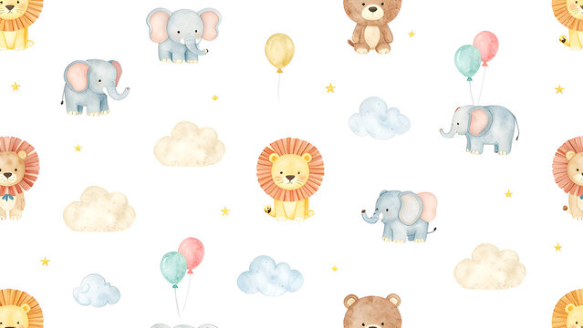 Seamless circus pattern with cute hand drawn animals and stars on a white background. Gentle pastel circus print in a soft preppy kids style, ideal for girls, babies, nursery decor, fabric, wallpaper 