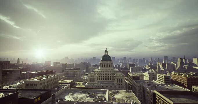 Moody overcast city skyline with capitol dome under heavy clouds, diffused light and cinematic grain, gritty urban texture and muted palette, suitable