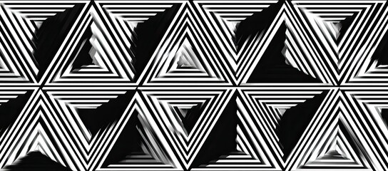An abstract optical illusion with overlapping triangles in high contrast, black and white