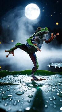 Vibrant tree frog balancing on dewy leaf under bright full moon.