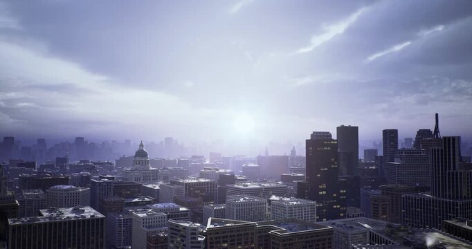 dusk over futuristic skyline with glowing tower silhouettes and reflective facades, neon undertones suggesting urban energy and technological pulse