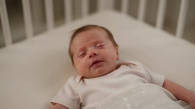 Serene infant peacefully sleeps in crib, cradled in soft blanket, feeling safe