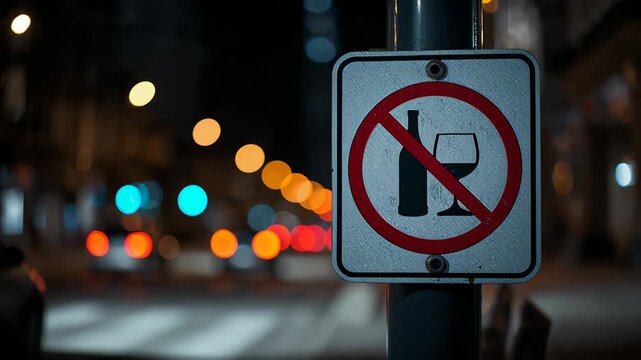 Red diagonal sign covering bottle and glass pictograms on a pole beside a blurred city street at night